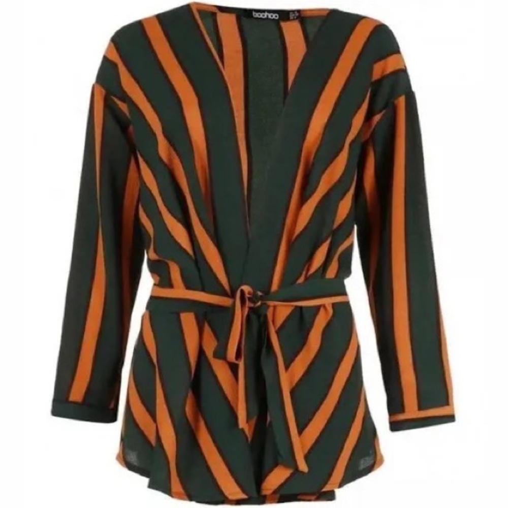 Boohoo-Stripe Wrap Tie Waist Blouse